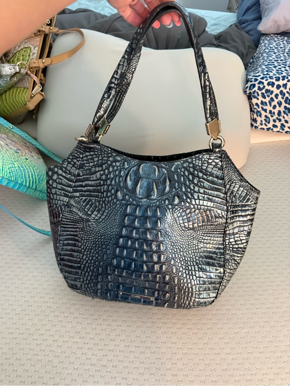Textured Croc-Embossed Black Shoulder Bag